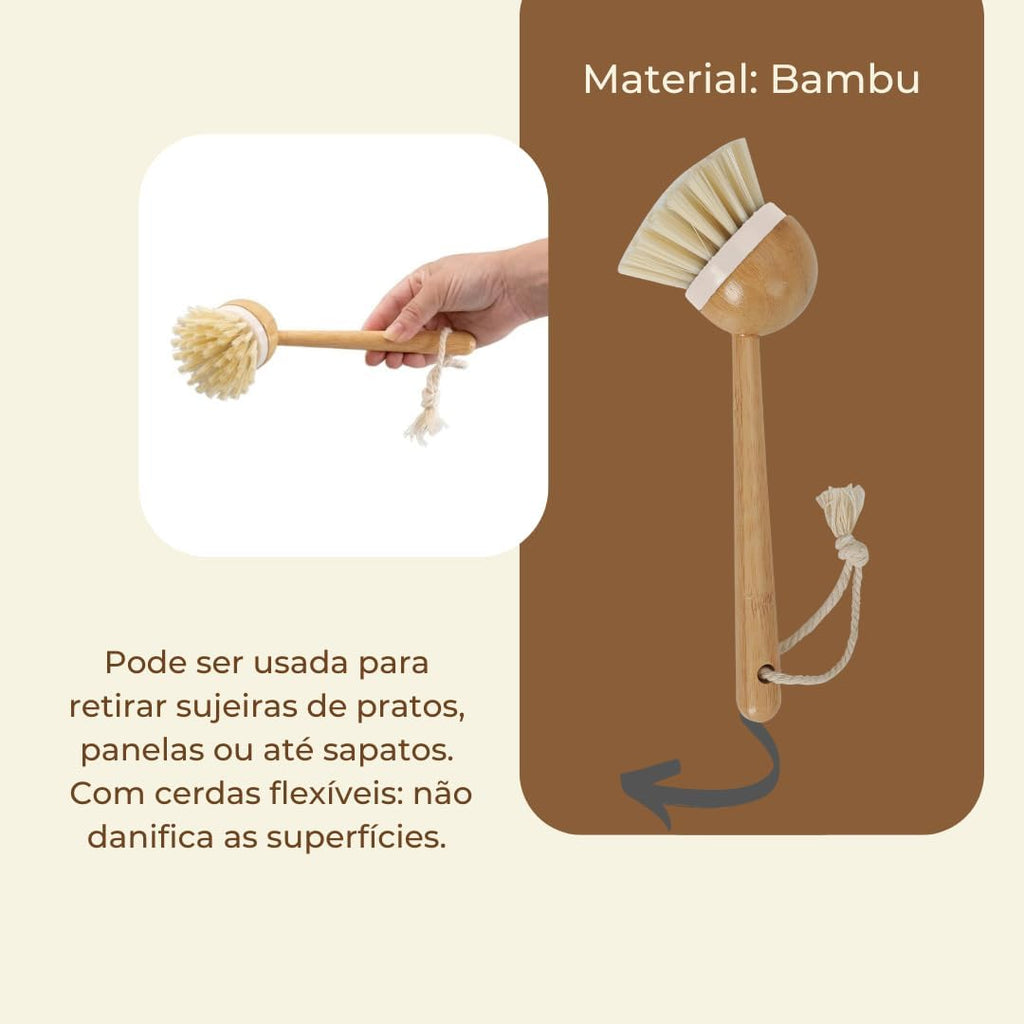 Escova de Limpeza Redonda com Cabo Longo de Bambu
