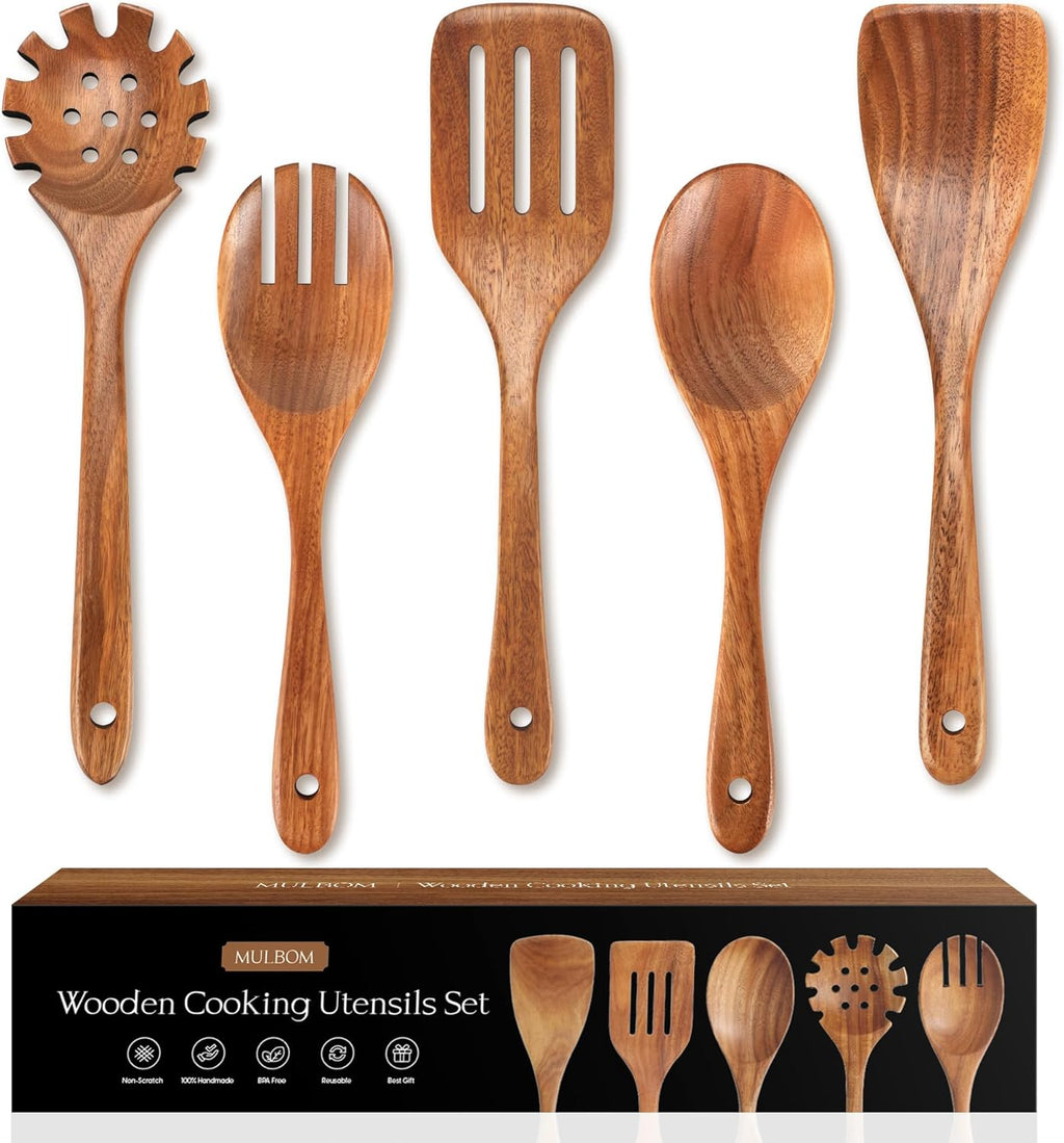 Conjunto de Colheres de Madeira para Cozinhar de Teca Natural